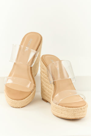 Beige Espadrille Clear Strapped Wedge Heels