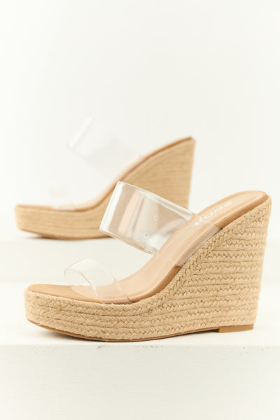 Beige Espadrille Clear Strapped Wedge Heels