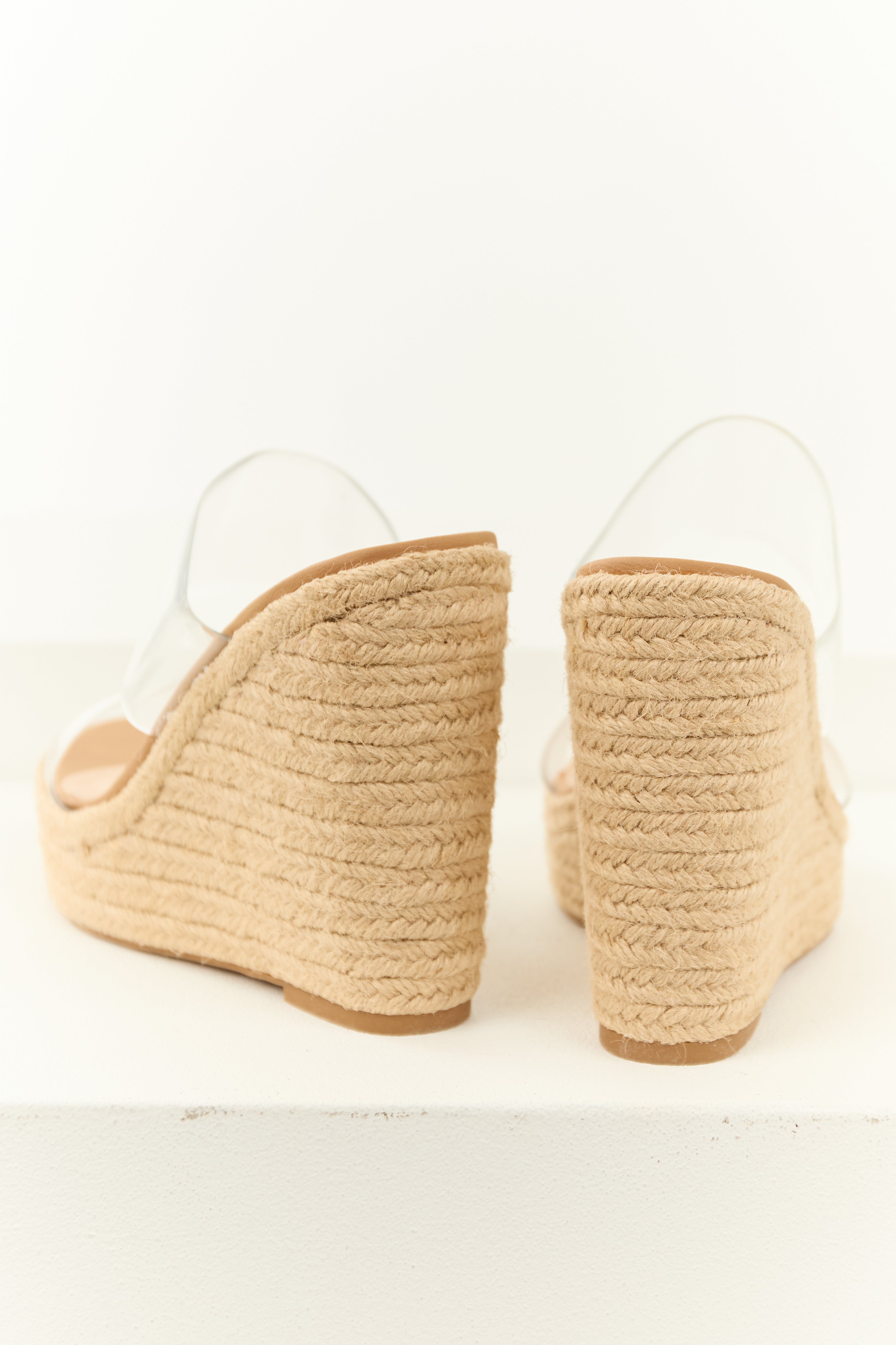 Beige Espadrille Clear Strapped Wedge Heels