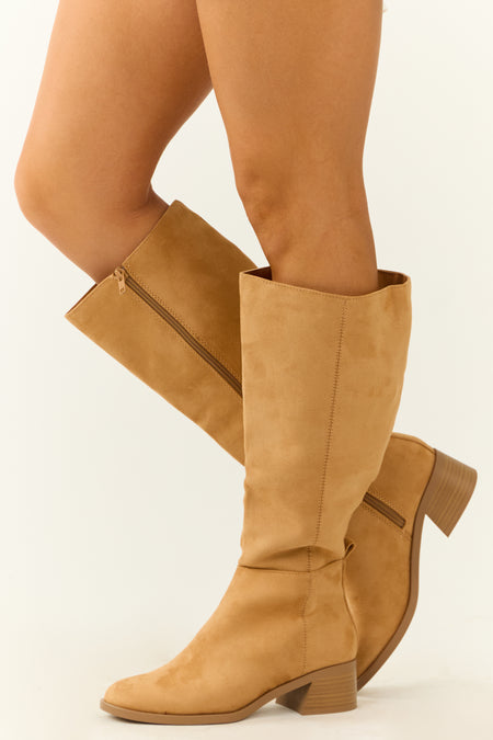 Beige Faux Suede Chunky Heel Tall Boots