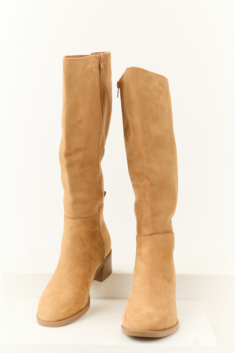 Beige Faux Suede Chunky Heel Tall Boots