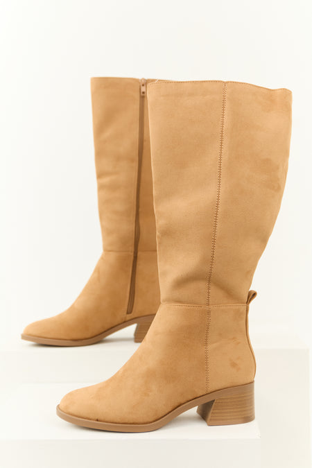 Beige Faux Suede Chunky Heel Tall Boots