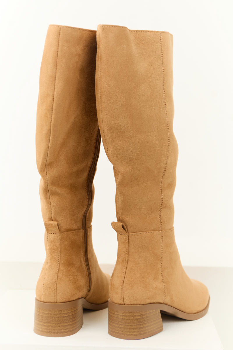 Beige Faux Suede Chunky Heel Tall Boots