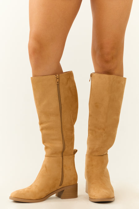 Beige Faux Suede Chunky Heel Tall Boots