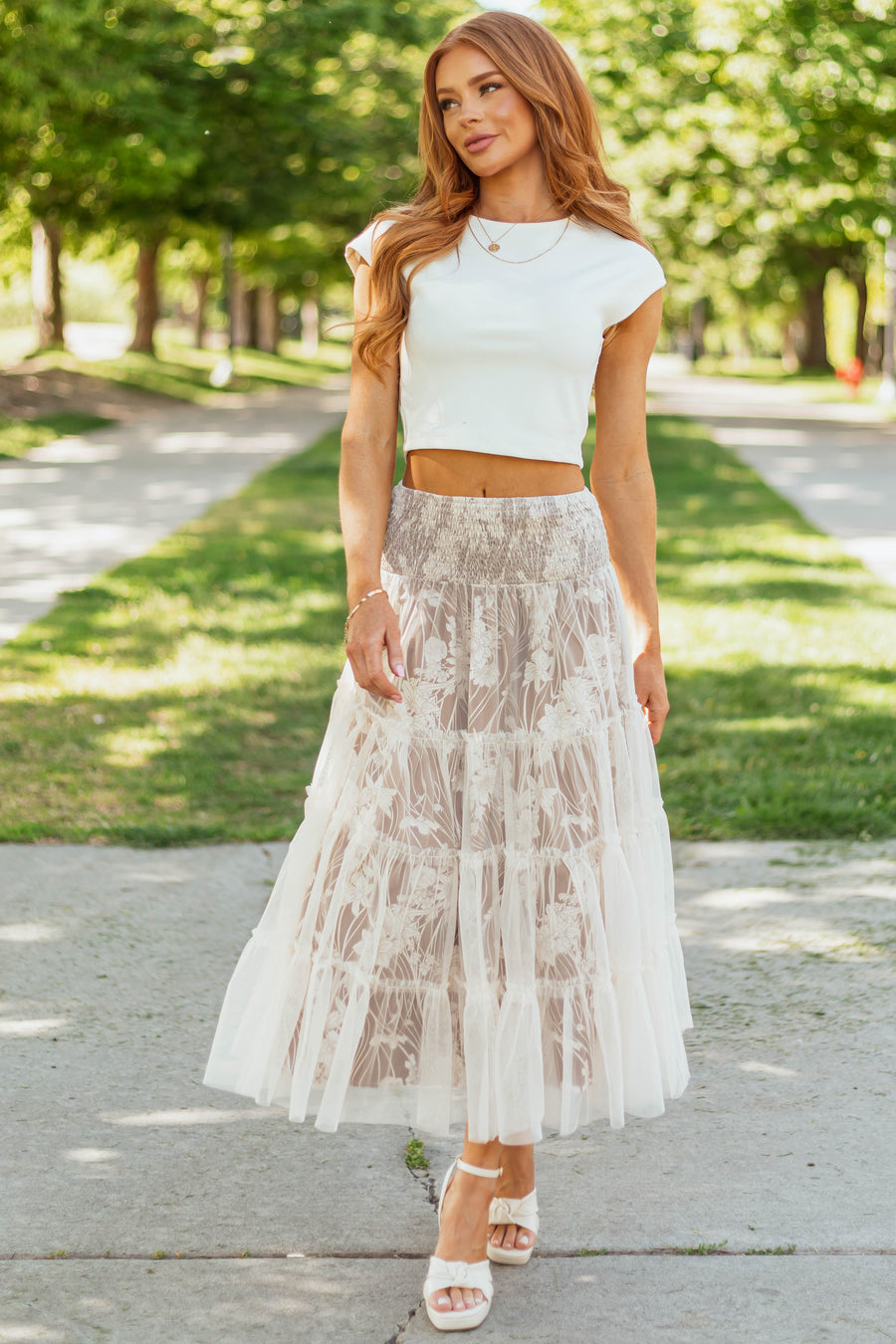 Beige Floral Print Tiered Mesh Maxi Skirt