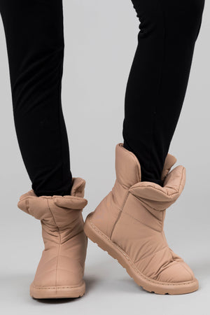 Beige Nylon Quilted Treaded Sole Boots