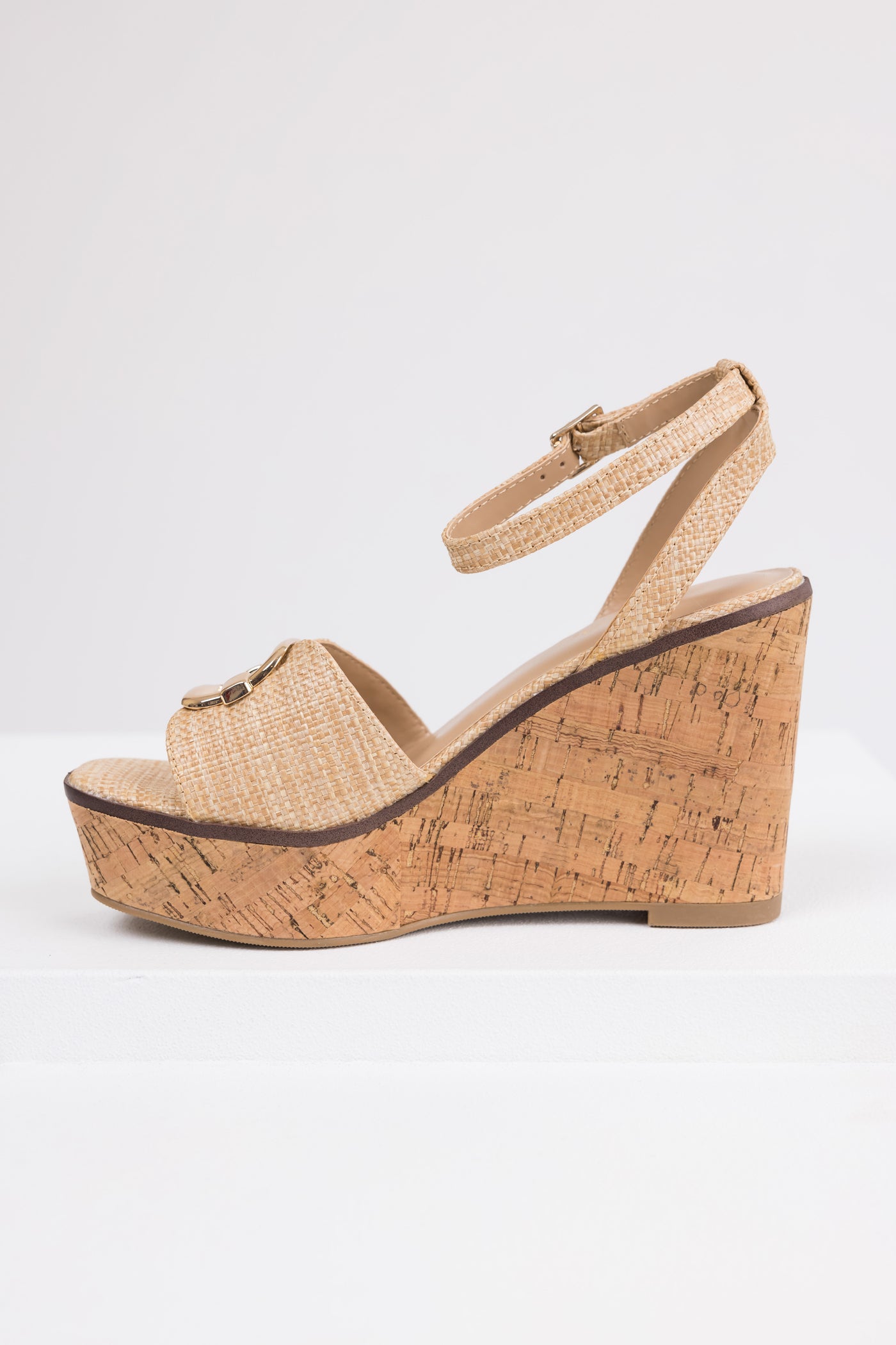 Beige Open Toe Wedges with Gold Buckle Detail