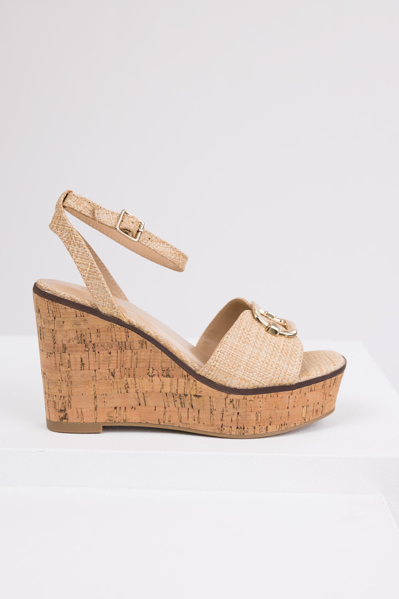 Beige Open Toe Wedges with Gold Buckle Detail