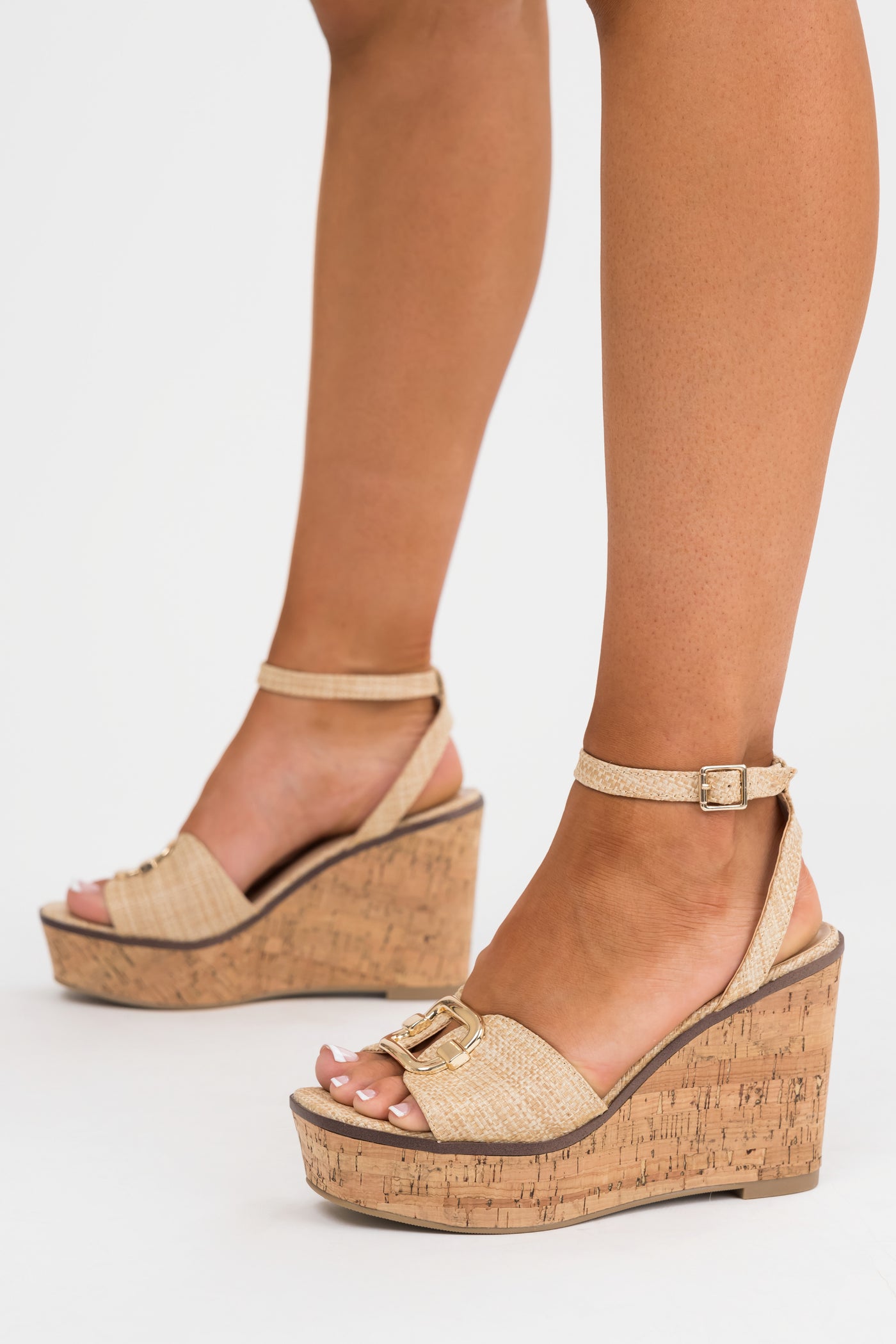 Beige Open Toe Wedges with Gold Buckle Detail