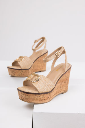 Beige Open Toe Wedges with Gold Buckle Detail