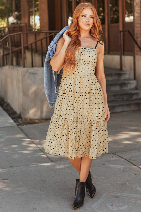 Beige Polka Dot Tulle Tiered Midi Dress