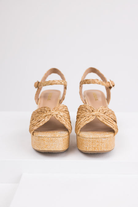 Beige Raffia Open Toe Block Heels