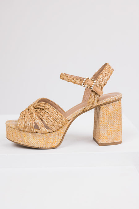 Beige Raffia Open Toe Block Heels