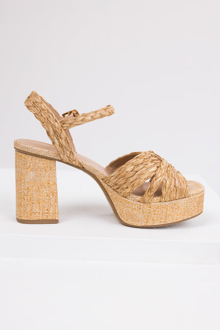 Beige Raffia Open Toe Block Heels