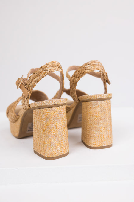 Beige Raffia Open Toe Block Heels