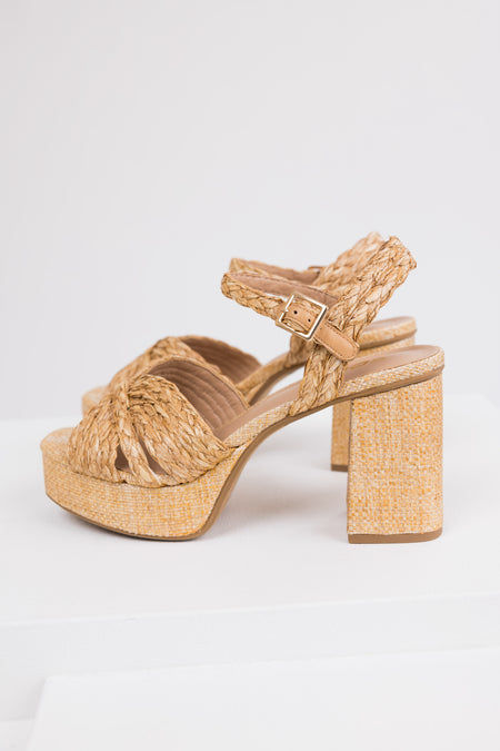 Beige Raffia Open Toe Block Heels