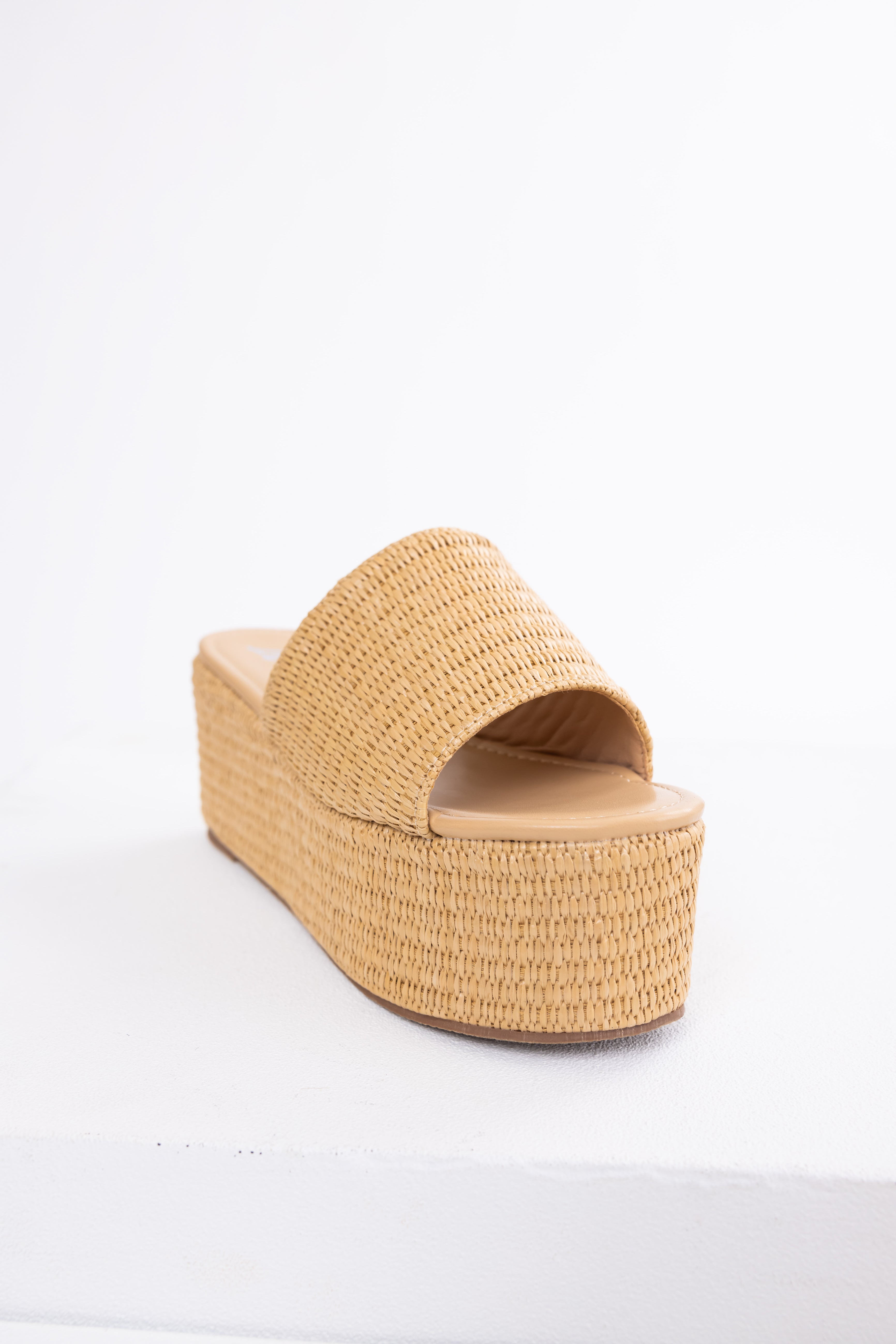 Beige Raffia Woven Platform Slide Sandals