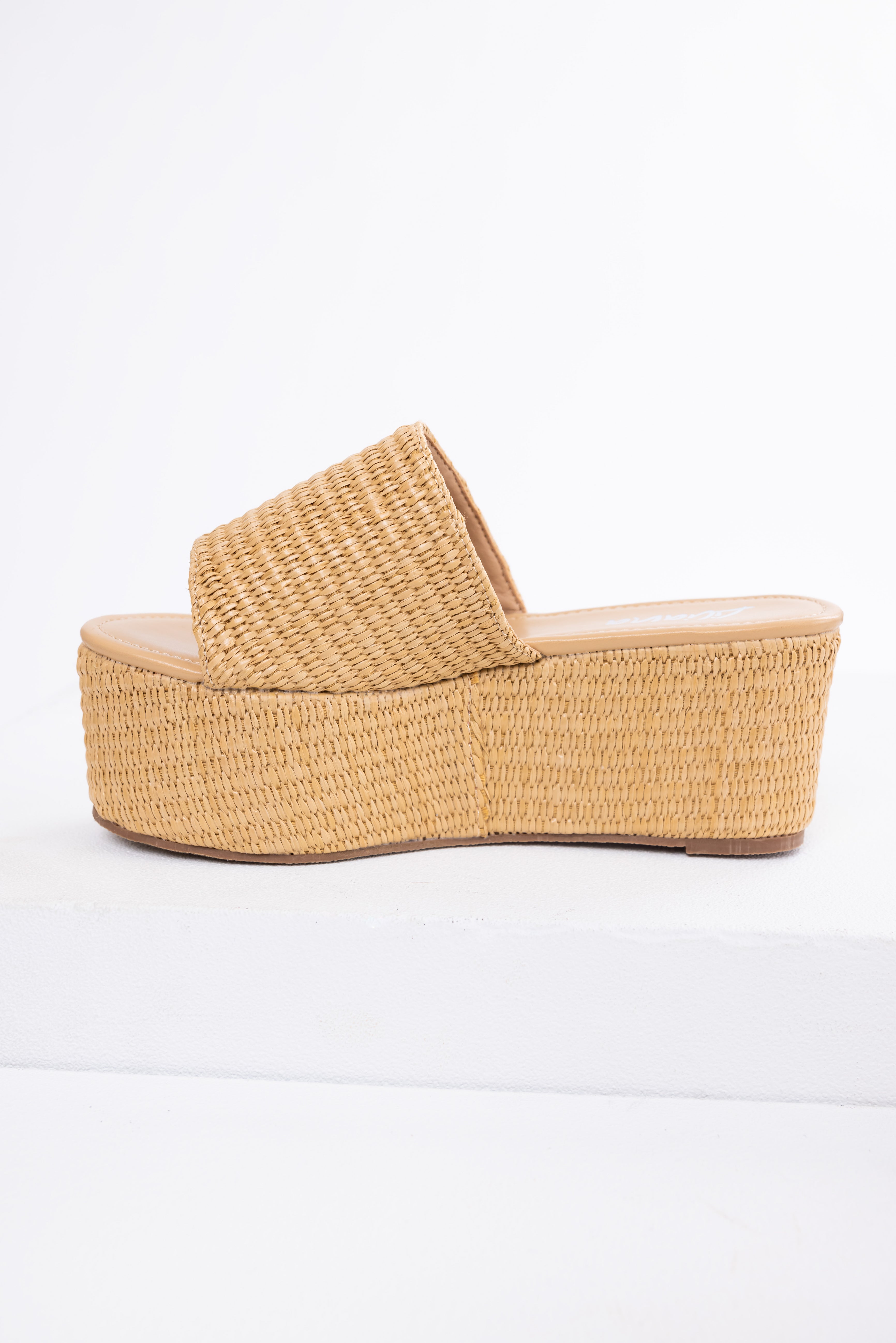 Beige Raffia Woven Platform Slide Sandals