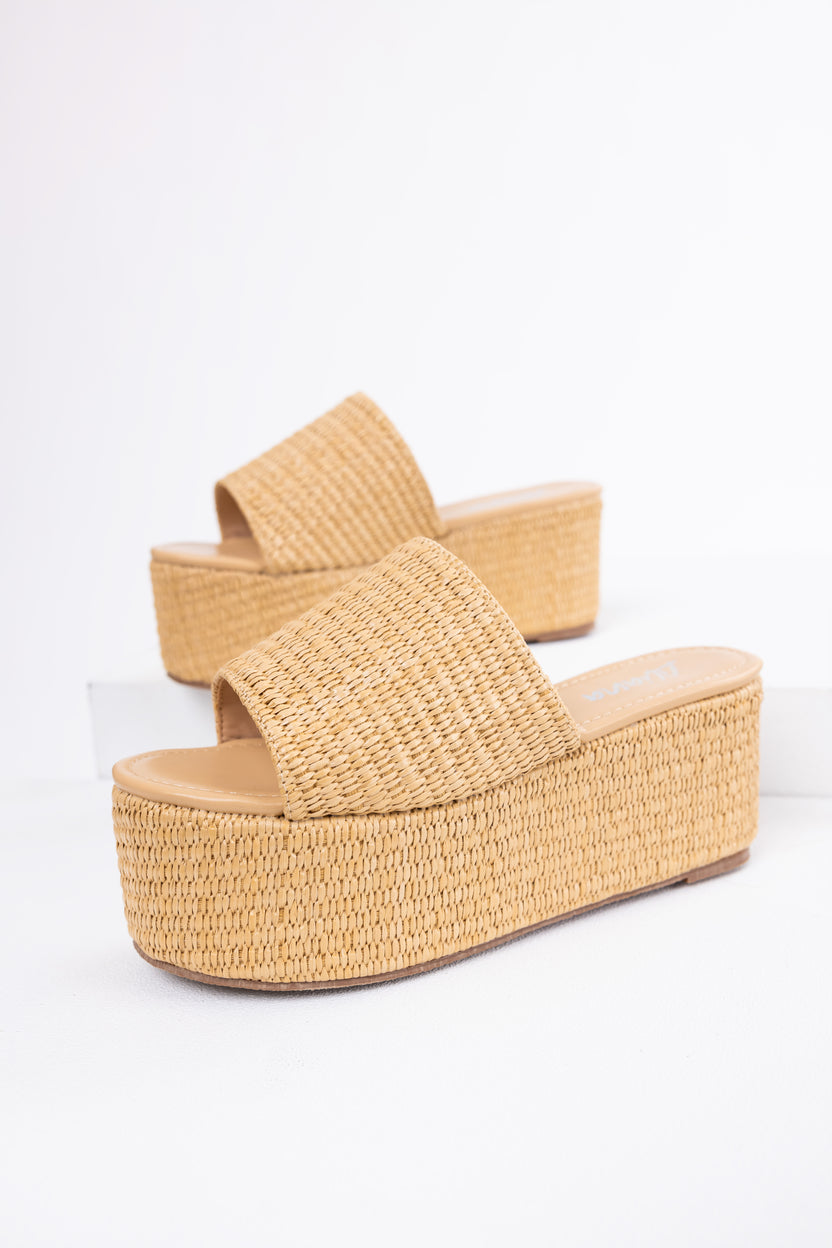 Beige Raffia Woven Platform Slide Sandals