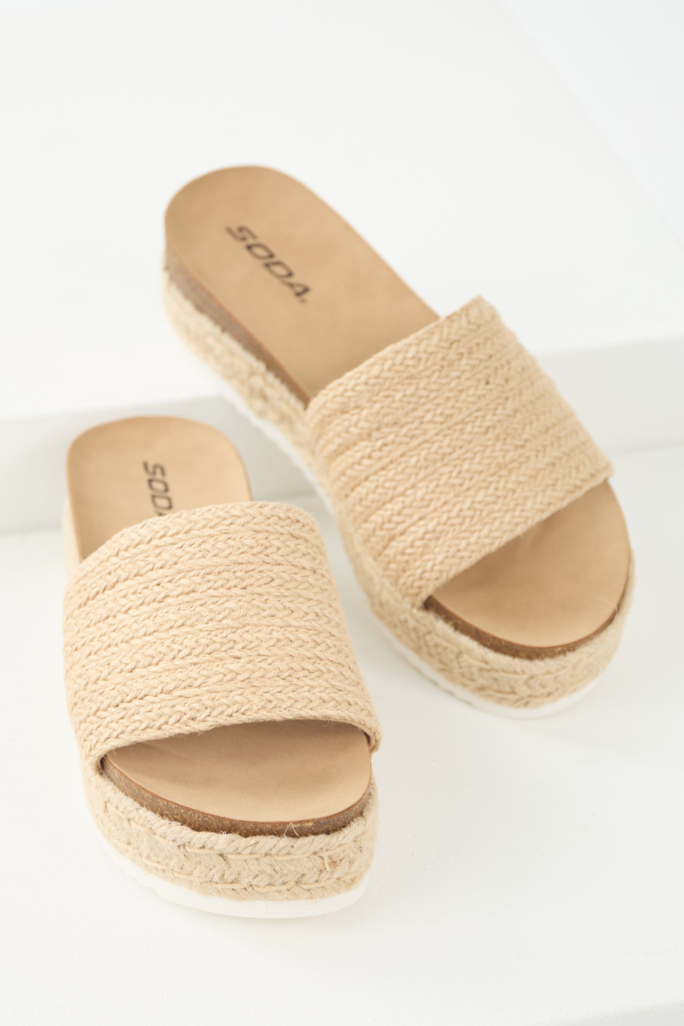 Beige Raffia Slip On Platform Espadrille Sandals