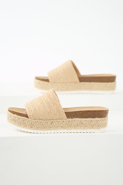 Beige Raffia Slip On Platform Espadrille Sandals