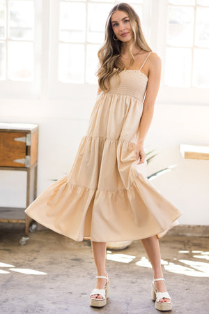 Beige Smocked Tiered Sleeveless Midi Dress