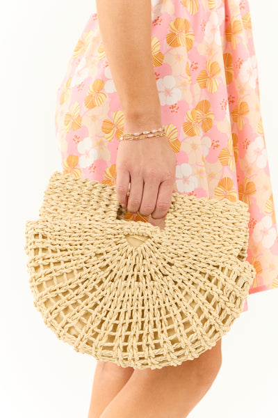 Beige Twine Woven Semi Circle Hand Bag