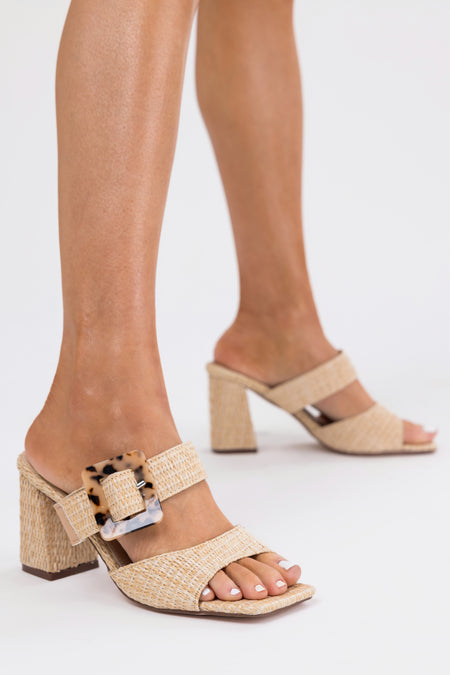 Beige Woven Accent Buckle Strap Heels