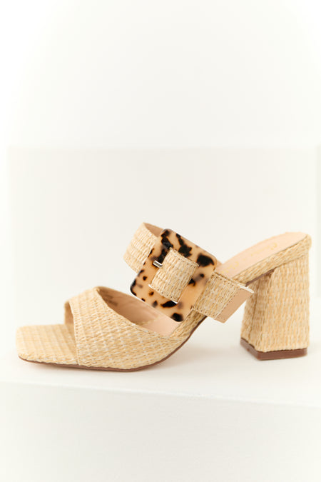 Beige Woven Accent Buckle Strap Heels