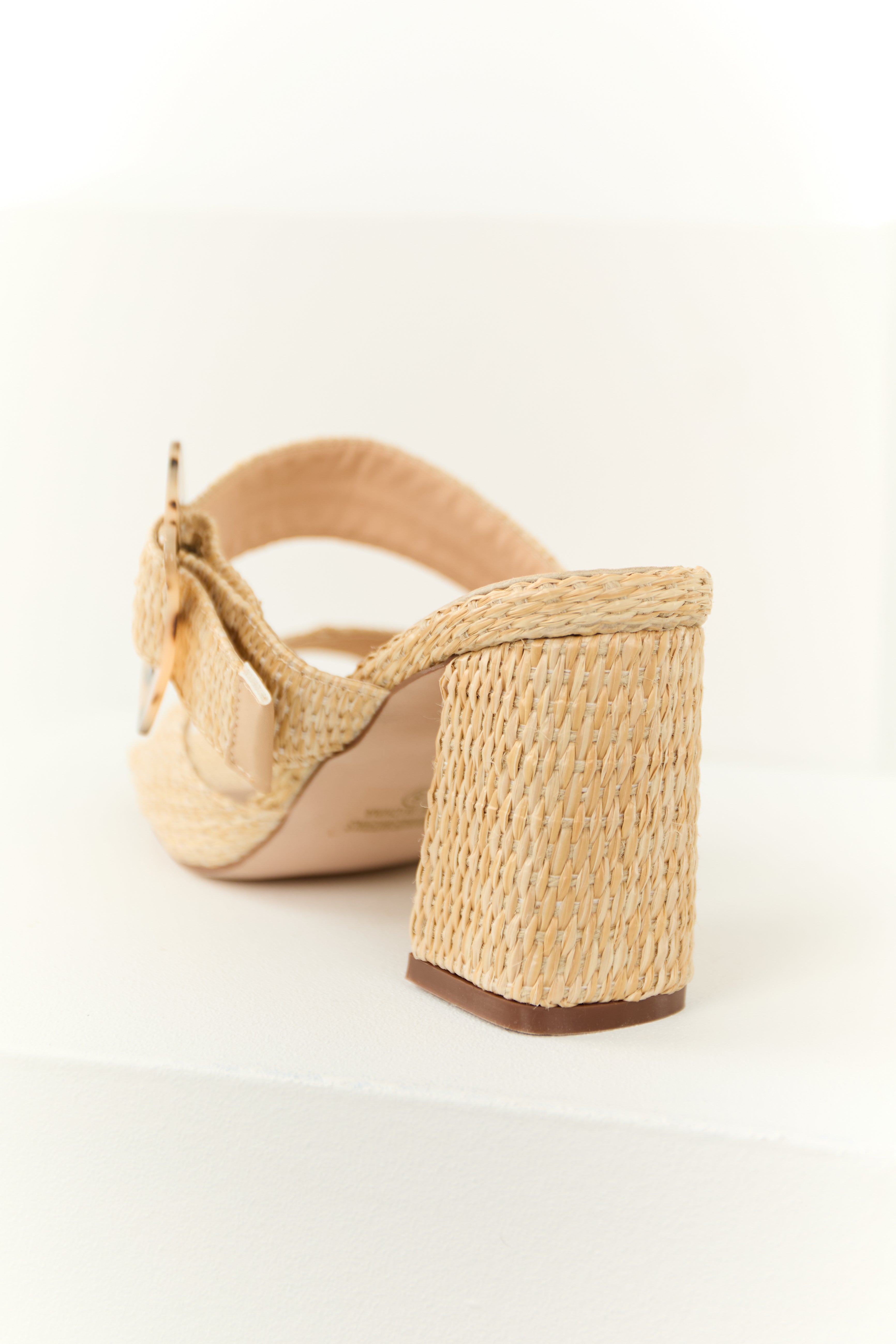 Beige Woven Accent Buckle Strap Heels