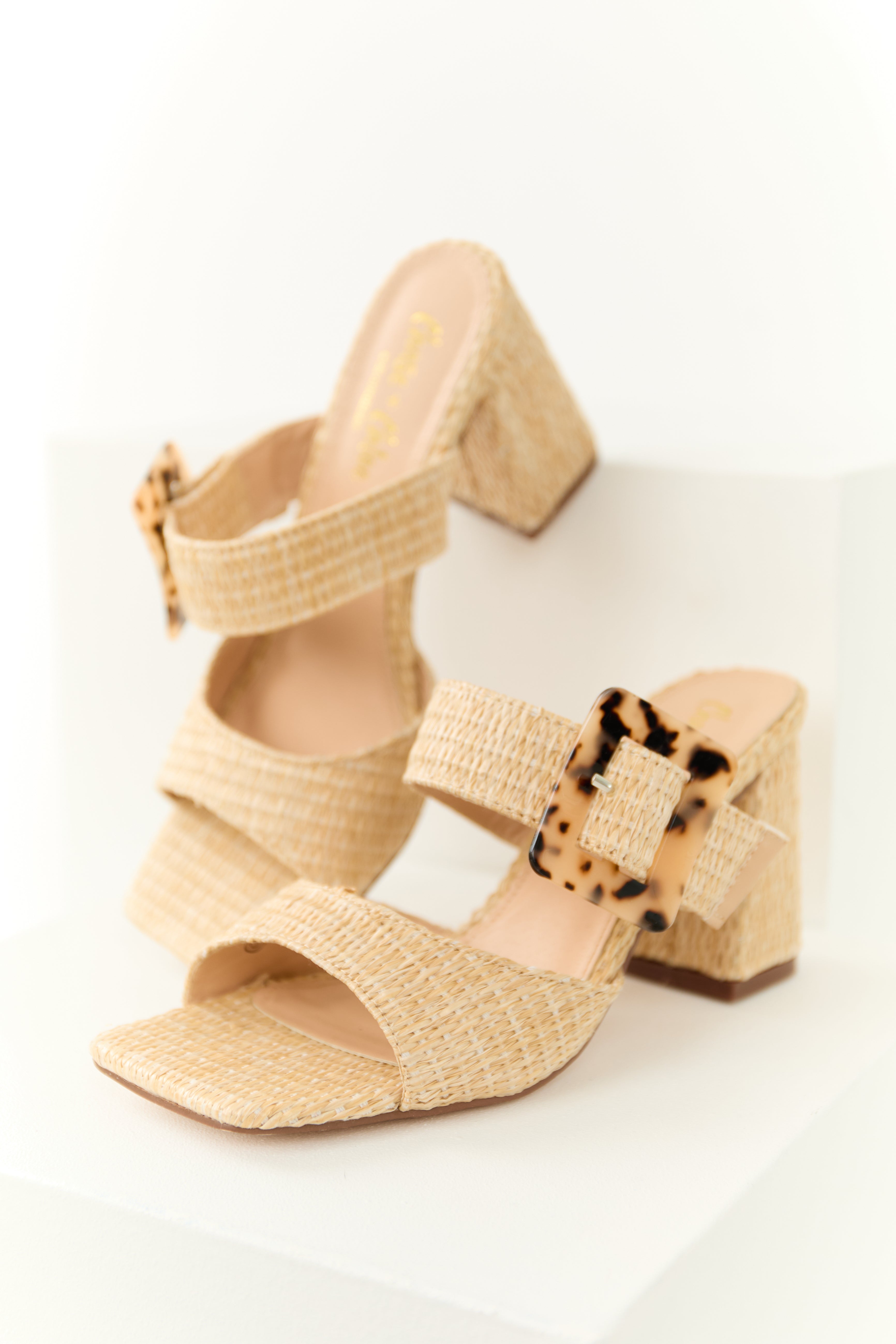 Beige Woven Accent Buckle Strap Heels