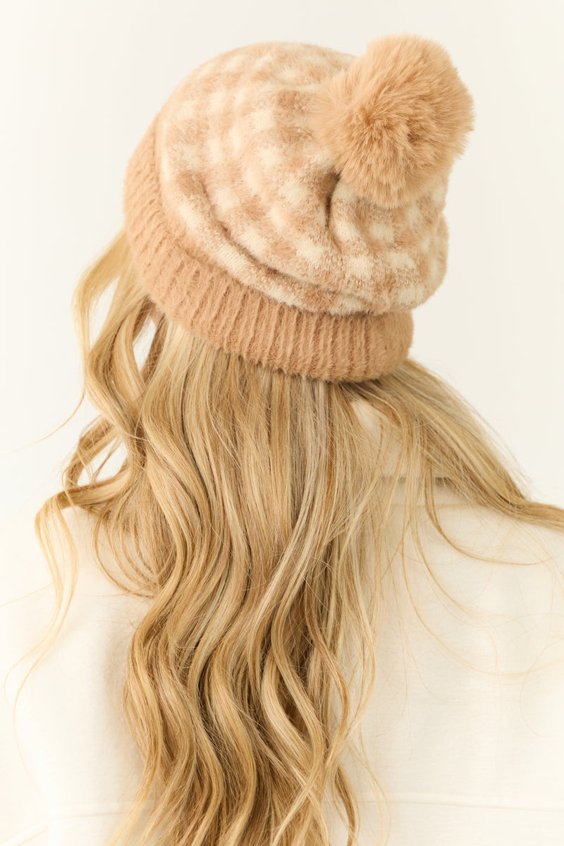 Beige and Cream Fuzzy Pom Pom Plaid Beanie