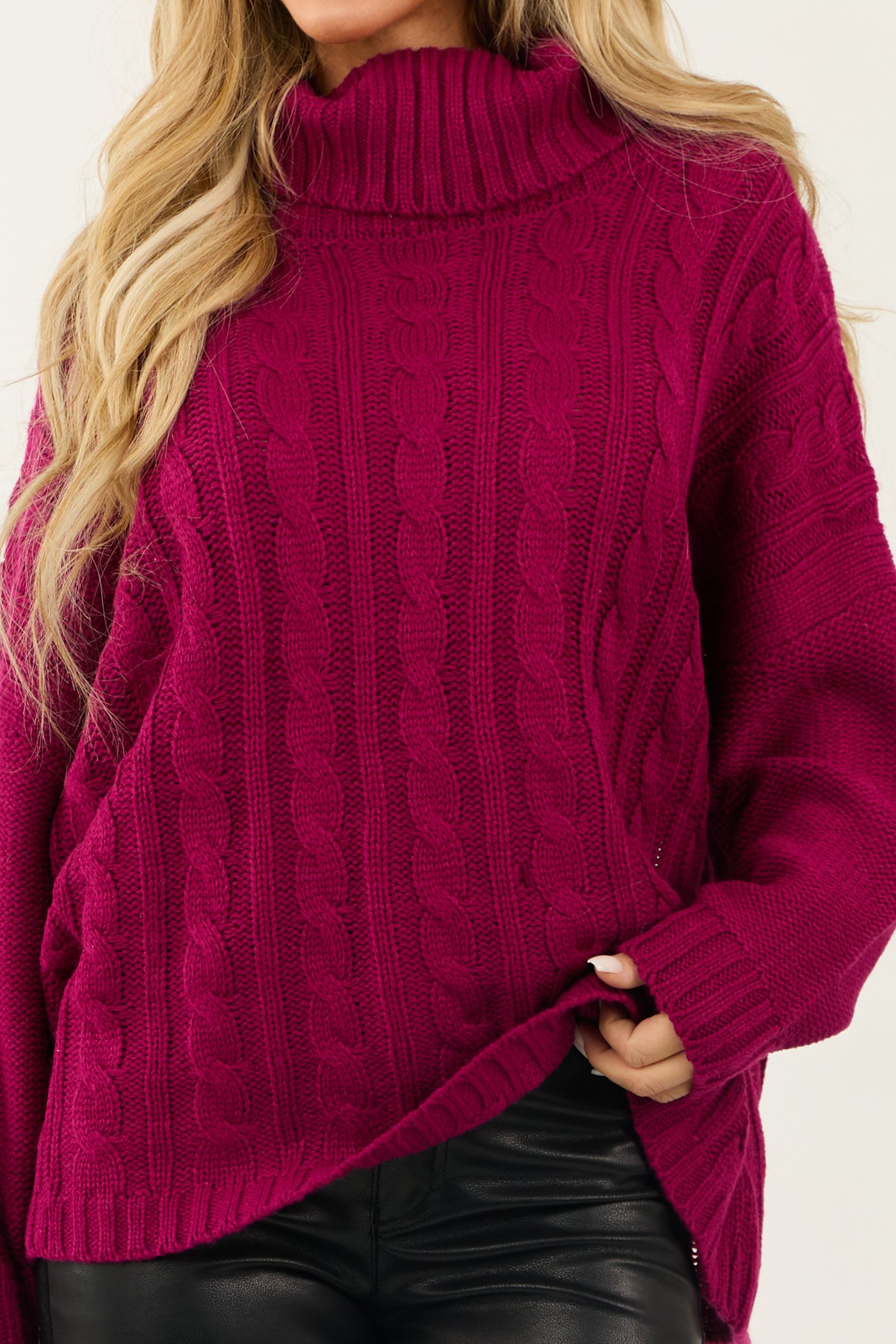 Berry Cable Knit Turtleneck Sweater