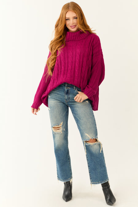 Berry Cable Knit Turtleneck Sweater