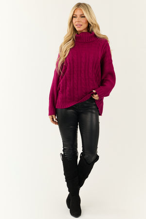 Berry Cable Knit Turtleneck Sweater