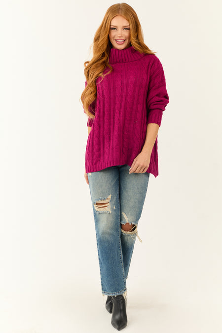 Berry Cable Knit Turtleneck Sweater