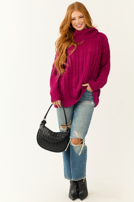 Berry Cable Knit Turtleneck Sweater