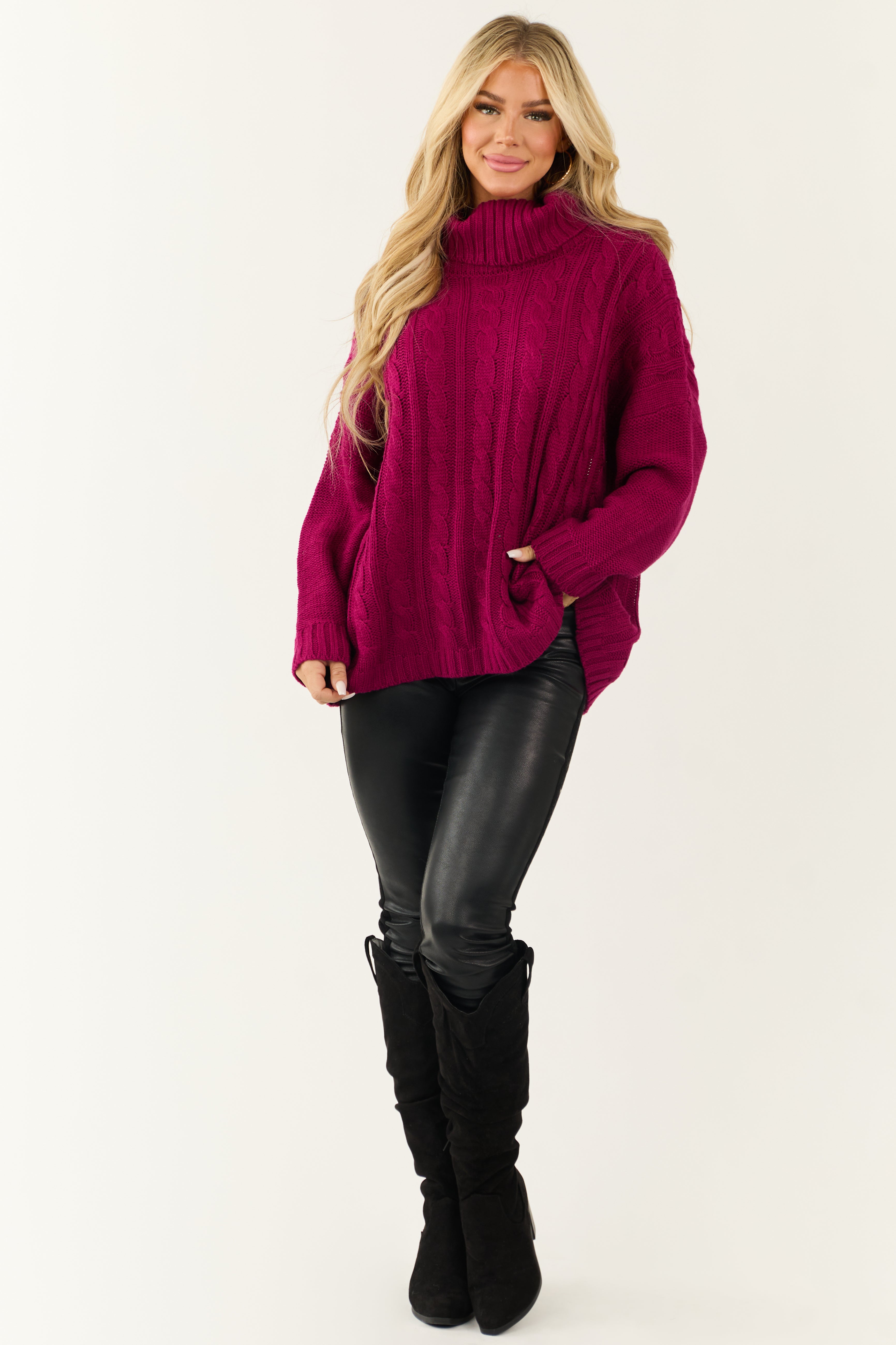 Berry Cable Knit Turtleneck Sweater