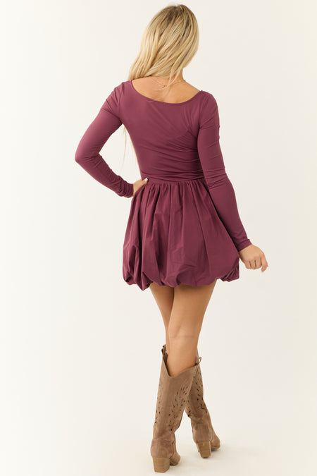 Berry Fitted Square Neck Bubble Skirt Romper