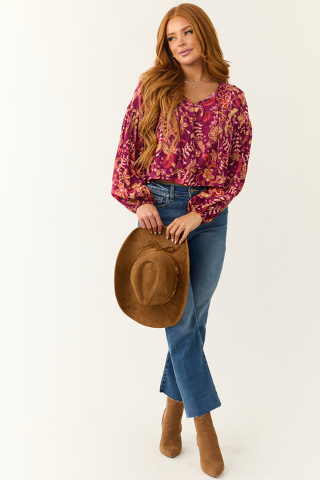 Berry Floral Print Long Sleeve Front Tie Top