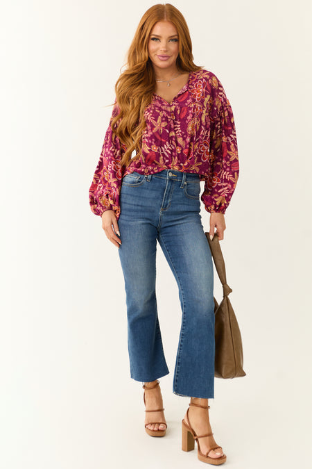 Berry Floral Print Long Sleeve Front Tie Top