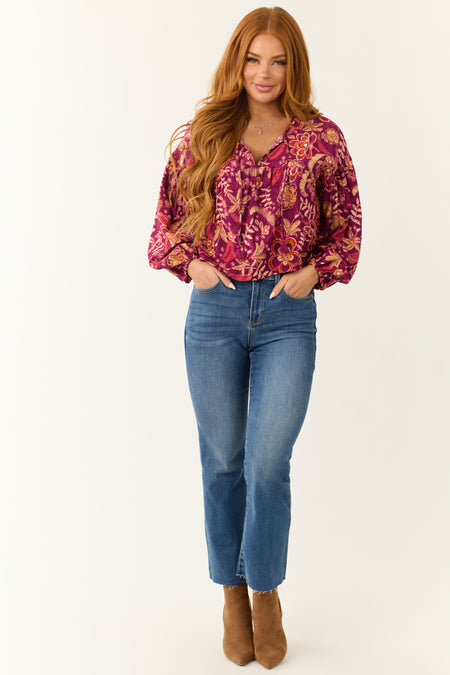 Berry Floral Print Long Sleeve Front Tie Top