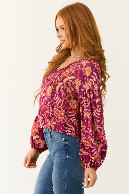 Berry Floral Print Long Sleeve Front Tie Top