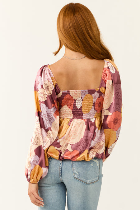 Berry Floral Print Silk Long Sleeve Blouse