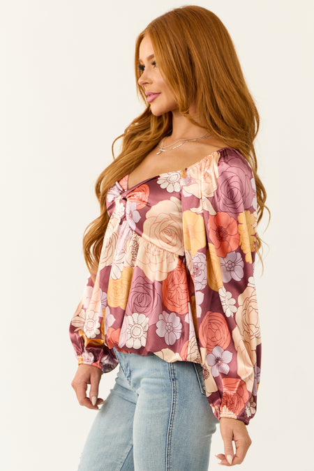 Berry Floral Print Silk Long Sleeve Blouse