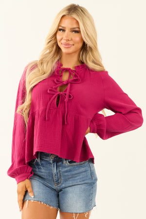 Berry Frill Neck Triple Front Tie Long Sleeve Top