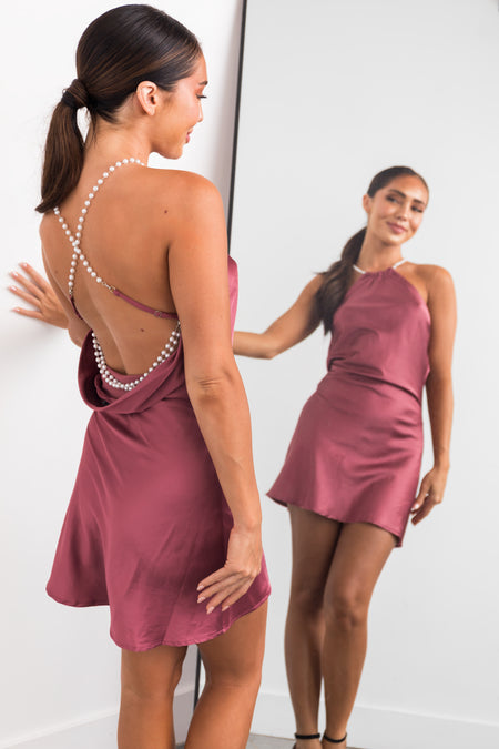 Berry Pearl Chain Halter Neck Satin Mini Dress