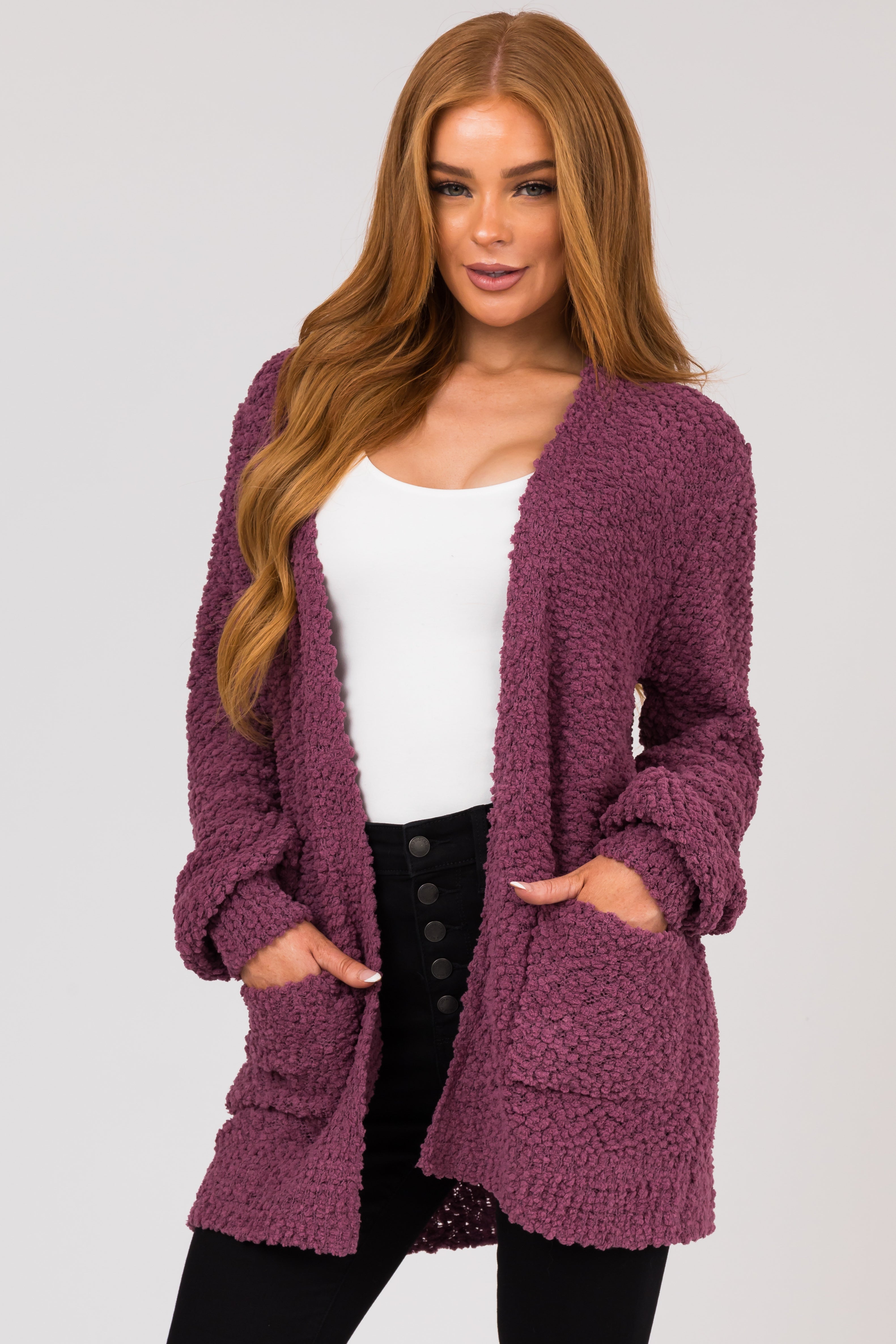 Berry Popcorn Knit Open Front Cardigan Lime Lush