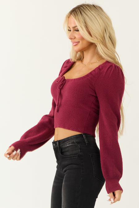 Berry Tie Front Scoop Neckline Cropped Sweater