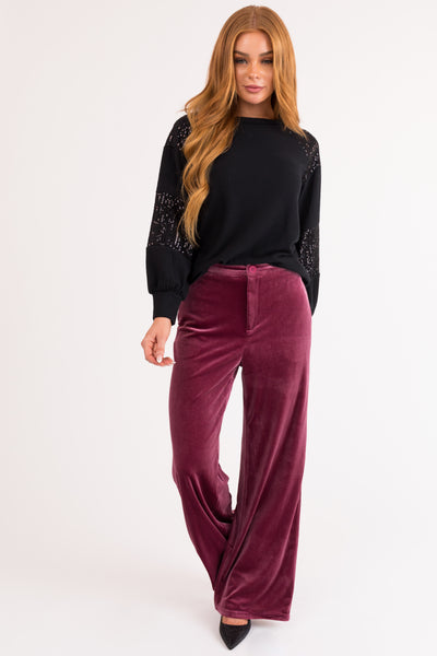 Berry Velvet Wide Leg High Waisted Pants